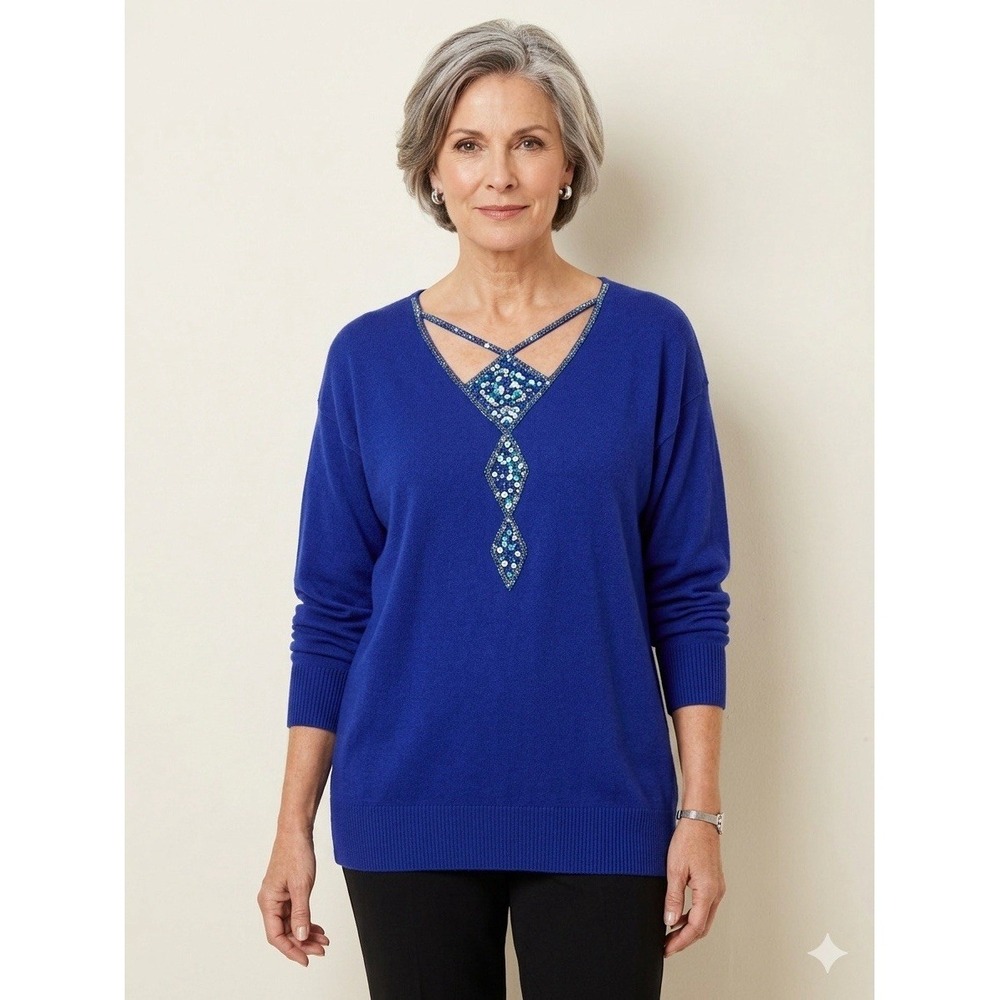 Bob Mackie Wearable Art Pullover Sweater Womens Plus Size 2X Blue Beaded Sequins
